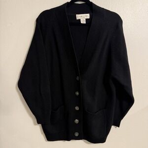 Casual Corner Lambswool Green Cardigan Sweater Size Large Shoulder Pads Pockets